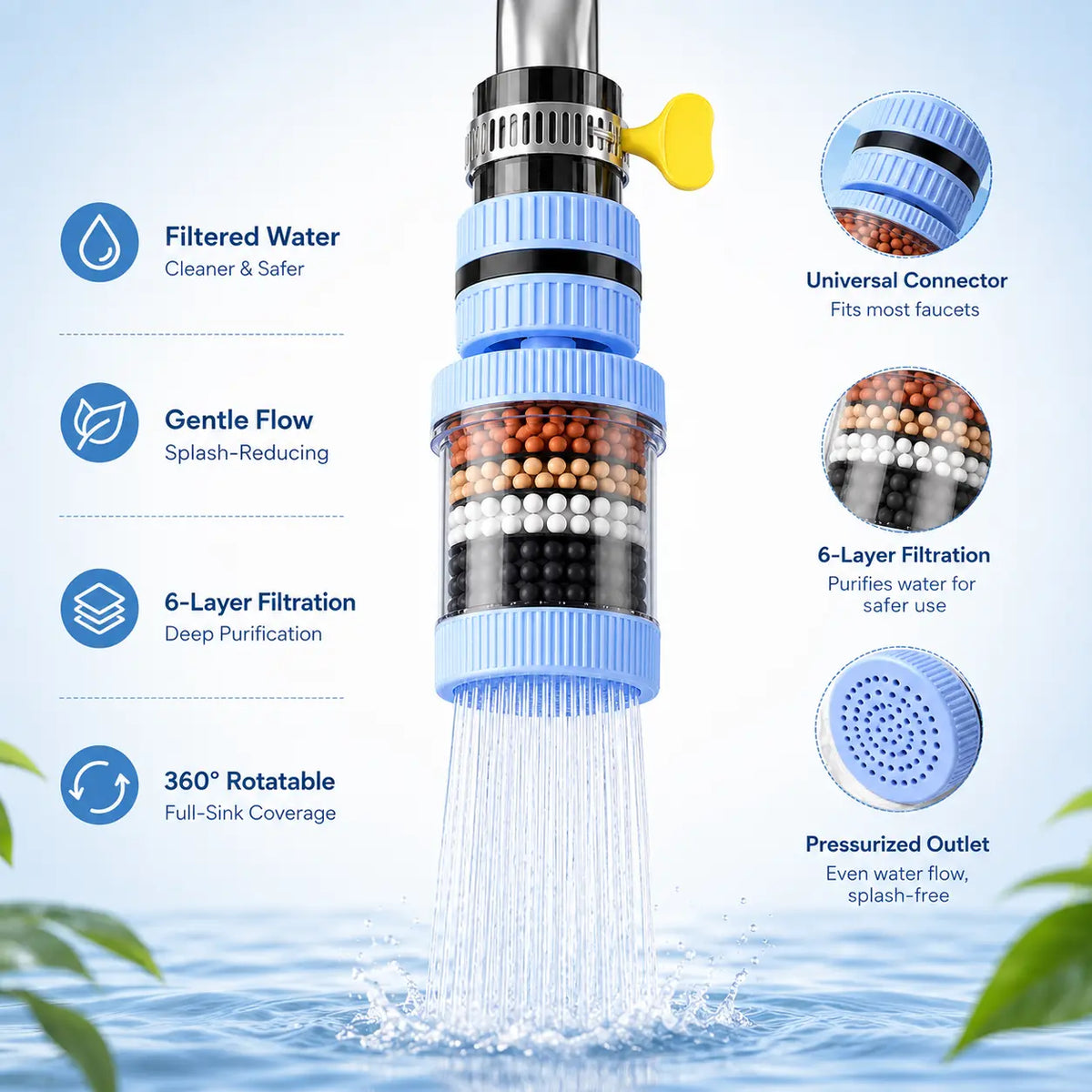 360° Rotating Kitchen Faucet Water Filter – 6-Layer Filtration, Splash-Proof Sink Sprayer for Washing Fruits, Vegetables & Dishes