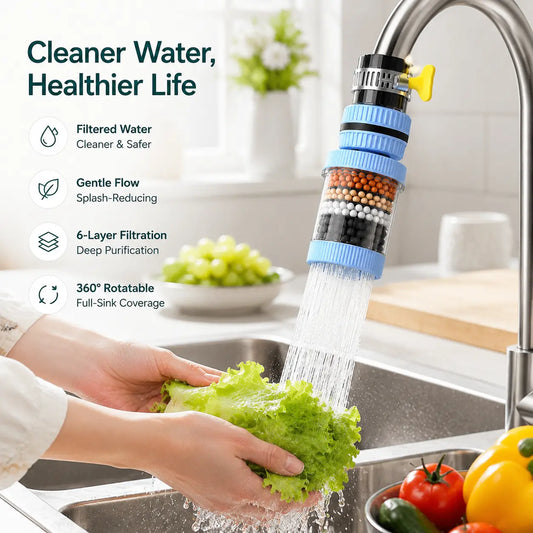 360° Rotating Kitchen Faucet Water Filter – 6-Layer Filtration, Splash-Proof Sink Sprayer for Washing Fruits, Vegetables & Dishes
