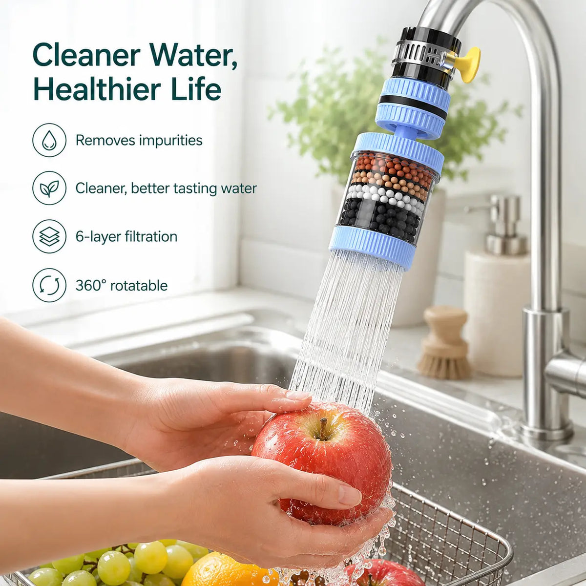 360° Rotating Kitchen Faucet Water Filter – 6-Layer Filtration, Splash-Proof Sink Sprayer for Washing Fruits, Vegetables & Dishes