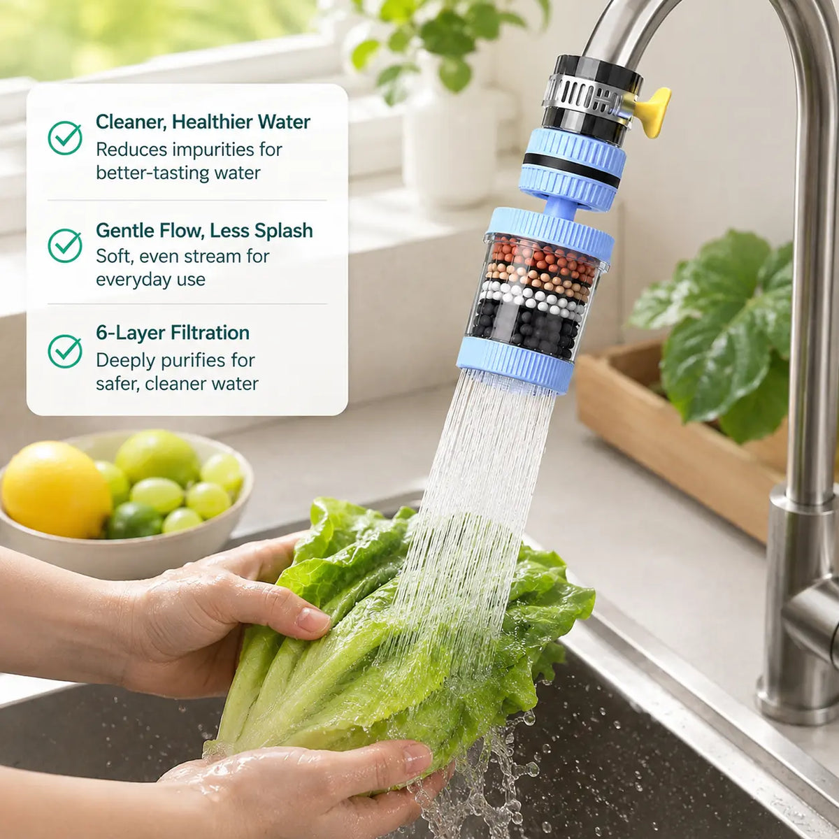 360° Rotating Kitchen Faucet Water Filter – 6-Layer Filtration, Splash-Proof Sink Sprayer for Washing Fruits, Vegetables & Dishes